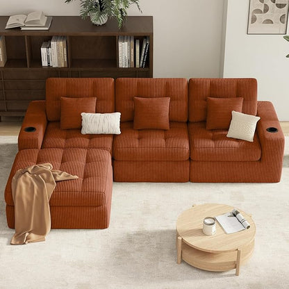 112" L Shaped Cloud Boneless Couch,Modern Modular Sectional Sofa with Layered Cushion,No Assembly Convertible Corduroy Couches for Living Room,Caramel 1 PCS