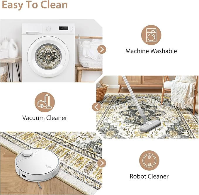 BESTSWEETIE 4ft Area Rug Washable Rugs for Living Room, No Pile Boho Carpet for Entryway Bedroom Dinning Room, Vintage Carpet Print Distressed Non-Slip, 48" Round, Grey Brown