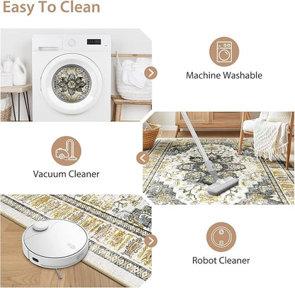 BESTSWEETIE 2x8 Area Rug Washable Rugs for Living Room, No Pile Boho Carpet for Entryway Bedroom Dinning Room, Vintage Carpet Print Distressed Non-Slip, 2 x 8 ft, Grey Brown