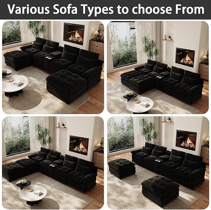 134"U Shaped Sectional Couches for Living Room, Oversized Modular Sectional Fluffy Couch with 2 Ottoman & Storage Console,Modern 6 Seat Living Room Sofa with Glitter Fabric,Tufted Buttons, Black