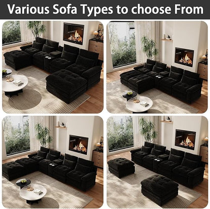 134"U Shaped Sectional Couches for Living Room, Oversized Modular Sectional Fluffy Couch with 2 Ottoman & Storage Console,Modern 6 Seat Living Room Sofa with Glitter Fabric,Tufted Buttons, Black