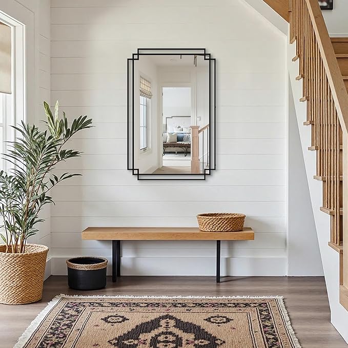 Black Bathroom Mirror with Shelf, 36" x 24" Mirror Wall Decor with Modern Art Rectangular Metal Frame for Living Room, Bedroom, Dining Room, Entryway