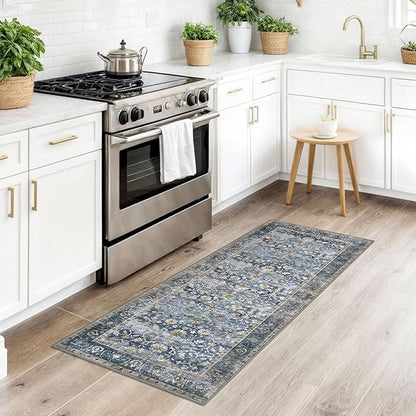 KUTA Runners for Hallways 2x5 ft, Vintage Floral Rug Non-Slip Washable Kitchen Rugs Blue Grey Beige Ultra Thin Soft Printed Distressed Flower Carpet Entryway Rugs for Bedroom Laundry Nursery