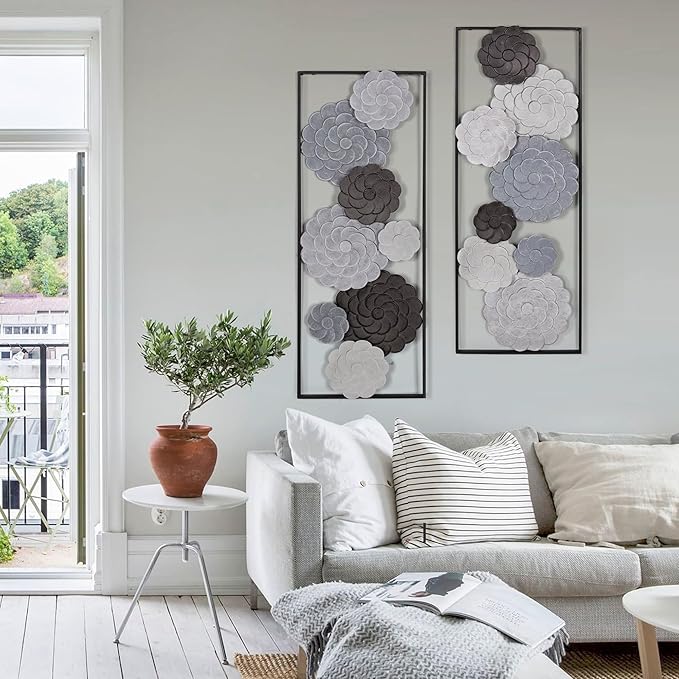Oakrain 2 PCS Metal Wall Art - 35.4" X 13.4" Large Metal Flower Wall Decor with Frame, Modern Home Wall Decoration Sculpture for Living Room, Office, Bedroom, Study