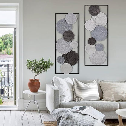 Oakrain 2 PCS Metal Wall Art - 35.4" X 13.4" Large Metal Flower Wall Decor with Frame, Modern Home Wall Decoration Sculpture for Living Room, Office, Bedroom, Study