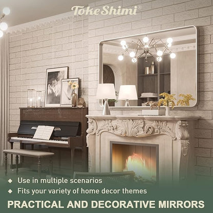 TokeShimi 40 x 30 Inch Brushed Silver Bathroom Mirror for Wall Brushed Brass Metal Rounded Corner Rectangle Mirror Metal Frame Deep Set Design Hangs Horizontal Or Vertical