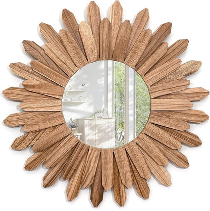 Emfogo Wall Mirror 21 inch Rustic Wood Sunburst Boho Mirror Wall Decor Home Decor for Bedroom Living Room Entryway Farmhouse (Carbonized Black)