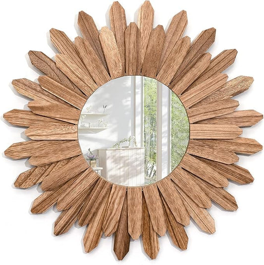 Emfogo Wall Mirror 21 inch Rustic Wood Sunburst Boho Mirror Wall Decor Home Decor for Bedroom Living Room Entryway Farmhouse (Carbonized Black)