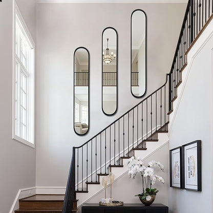OUSHUAI Black Full Length Oval Mirror, 3-Pack Narrow Capsule Long Mirrors with Metal Frame for Dressing, Hallway, Living Room, Entryway Wall Decor