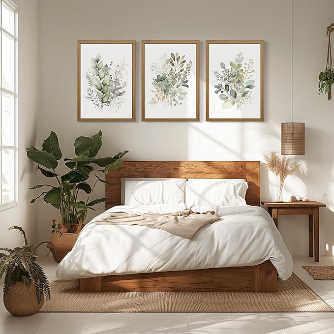 Joocrise Wooden Frame Watercolor Botanical Wall Art Boho Floral Canvas Wall Decor Prints Sage Green Wildflower Wall Art Modern Flower Pictures Botanical Painting for Bedroom Bathroom 16x24x3 Inch
