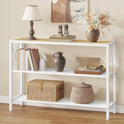 Hoctieon Industrial Console Table, 3 Tier Entryway Tables, Hallway Desk, Narrow Sofa Tables with Shelves, Entrance Table for Entryway, Living Room, Foyer, Hallway, Office, Oak Beige