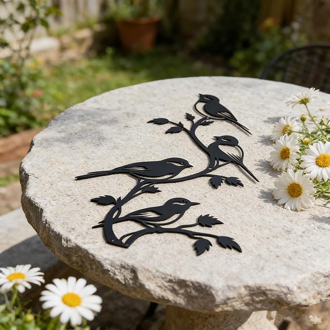 SonnTonn Black Metal Bird Wall Decor - 4 Birds on Branch Silhouette Wall Art, Rustic Style Wall Sculpture for Living Room, Bedroom, Patio, Garden, Farmhouse Home Decor (9.29”x15.75” / 23.6x40cm)