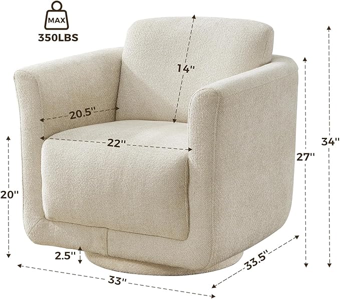 Swivel Accent Chair, 360° Chenille Barrel Swivel Chair for Living Room, Reading Nook Chair for Bedroom Small Spaces, Fully Assembled, Cream