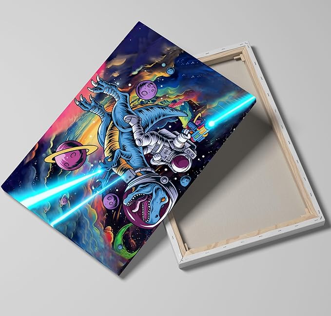 16x24 Space Astronaut Dinosour Star Wars Canvas Wall Art Watercolor Framed Prints Teen Boy T-Rax in Galaxy Cosmic Home Decor Painting Kids Bedroom Picture Child Room Funny Poster Kids Bathroom Photo