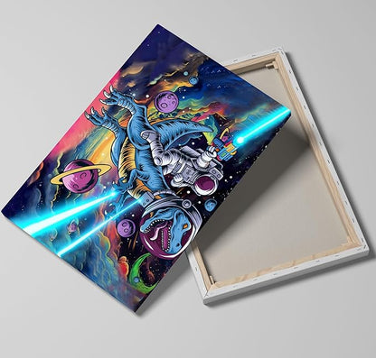 12x16 Space Astronaut Dinosour Star Wars Canvas Picture Wall Art Watercolor Framed Prints Teen Boy T-Rax in Galaxy Cosmic Home Decor Painting Kids Bedroom Painting Child Room Funny Poster Kids Bathroom Photo