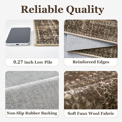 Distressed Coffee Brown Living Room Rugs 6x9, Washable Non Slip Thin Carpet Rugs for Dining Room Under Table, Vintage Earth Tone Area Rugs for Bedroom Home Office Reading Nook