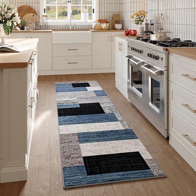 FlyDOIT Modern Geometric Patchwork Area Rug, 2x6 Blue Runner Rugs for Living Room, Rockwood Collection Indoor Rugs for Bedroom, Throw Carpet Floor Decor for Entryway Dining Room Office Nursery