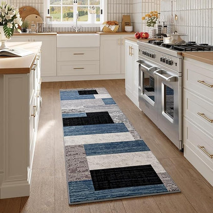 FlyDOIT Modern Geometric Patchwork Area Rug, 2x6 Blue Runner Rugs for Living Room, Rockwood Collection Indoor Rugs for Bedroom, Throw Carpet Floor Decor for Entryway Dining Room Office Nursery