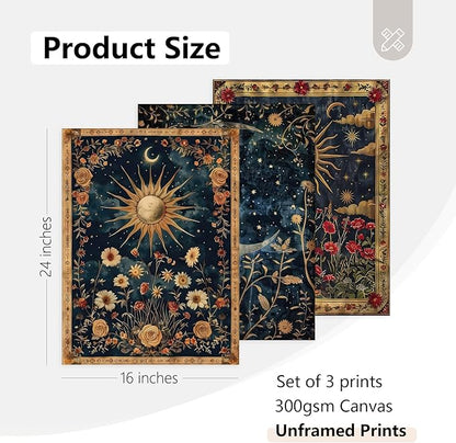 Tocliky Moon Sun Gothic Wall Art Tarot Card Celestial Canvas Poster Witchy Vintage Wall Decor Boho Floral Aesthetic Painting Dark Academia Mystical Astrology Posters for Bedroom 16x24x3 Inch Unframed