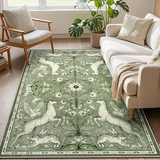 Lahome 5x7 Green Area Rug for Living Room, Dorval Washable Cottagecore Deer Rug, Sage Woodland Non Slip Low Pile Soft Carpet for Bedroom Dining Room Kitchen Nursery Entryway Home Decor