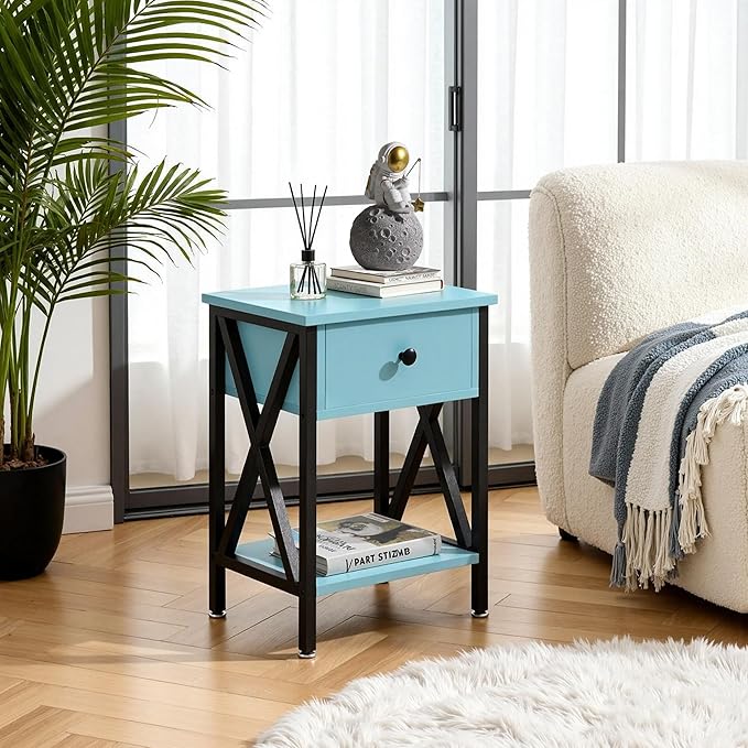 VECELO Nightstand,Modern Bedside End Table, Night Stand with Drawer and Storage Shelf for Living Room Bedroom, Industrial Metal Frame