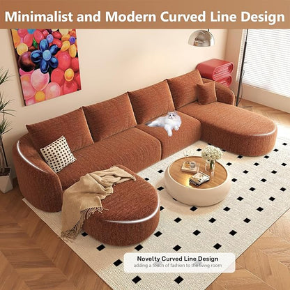 Settab 138.6" Modular Sectional Couches Luxury Modern Curved Back U-Shape Sofa Set with Ottoman,Minimalist Comfy Boneless Cloud Couch for Living Room Apartment,(Right Facing Chaise,Orange)