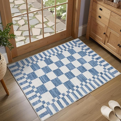 GarveeHome Dark Blue Checkered Rug 2x3 Washable Rug Non-Slip for Entryway, Soft Low-Pile Small Area Rugs,Neutral Modern Geometric Rugs for Kitchen