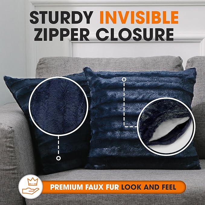 Cheer Collection Faux Fur Throw Pillows - Decorative Pillows for Couch, Bed Throw Pillows, Blue Accent Pillows for Bedroom or Living Room Aesthetic, Set of 2 Furry Throw Pillows, 24" x 24"