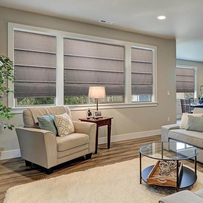 CHICOLOGY Cordless Roman Shade for Windows & French Doors, Ridgewood Dark Elm, Privacy + Light Filtering Linen Look Fabric w/White Liner, True to Size, Inside/Outside Mount, 29" W x 72" H