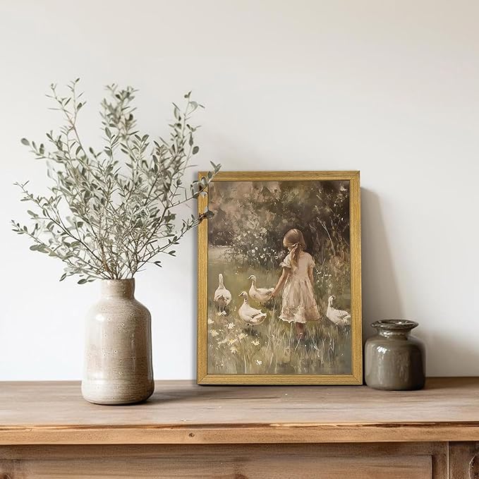 Wood Framed Canvas Wall Art, Vintage Girl with Ducks Painting Poster, Countryside Pastoral Landscape Print Picture, Rustic Farmhouse Wall Decor for Living Room Bedroom Nursery 12x16 inch