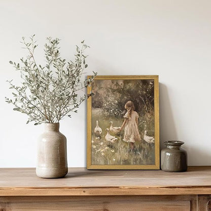 Wood Framed Canvas Wall Art, Vintage Girl with Ducks Painting Poster, Countryside Pastoral Landscape Print Picture, Rustic Farmhouse Wall Decor for Living Room Bedroom Nursery 12x16 inch