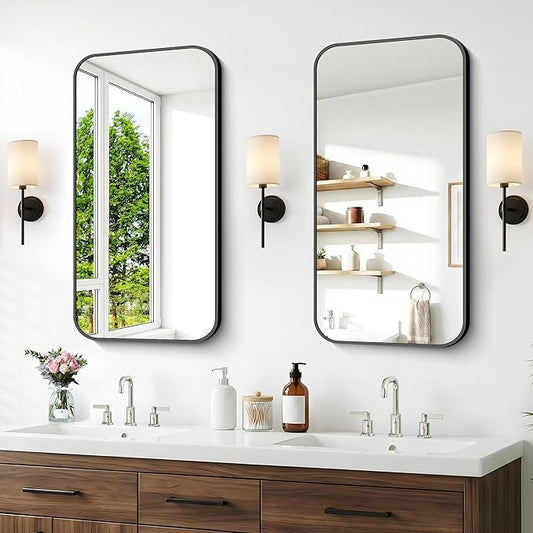 BONEWEI 20x36 inch Bathroom Mirror 2-Pack,Black Rectangle Mirror,Wall Mounted Bathroom Frame Vanity Mirror with Round Corner for Bedroom Living Room, Entryway Hangs Horizontal or Vertical