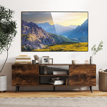 Tangkula TV Stand for 60" TVs, Entertain Center w/Power Outlets, Mid Century Modern Media Console Table w/Adjustable Shelf, 2 Cabinets & Metal Support Legs for Living Room Bedroom (Rustic Brown)