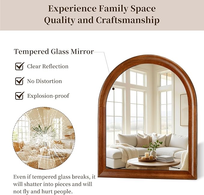 Tanmicoshomy Brown Wood Framed Arched Bathroom Mirror 30x36 Inch, Wall Mirrors with Tempered Glass for Living Room, Bedroom or Entryway