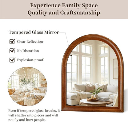Tanmicoshomy Brown Wood Framed Arched Bathroom Mirror 30x36 Inch, Wall Mirrors with Tempered Glass for Living Room, Bedroom or Entryway