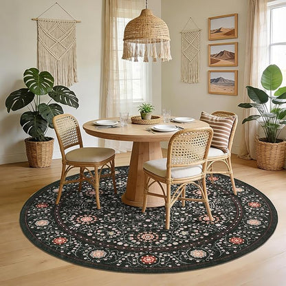 GarveeHome Boho Round Rugs 6ft for Living Room Non Slip, Vintage Botanical Circle Rug Washable Area Rug for Dining Room Stain Resistant, Low Pile Soft Black Circular Carpet for Nursery Kitchen