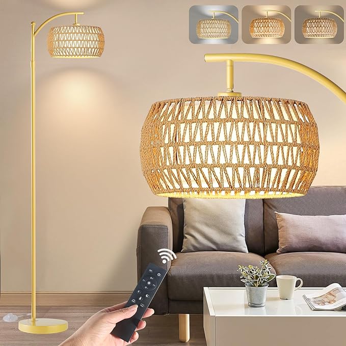Yusist Arc Floor Lamp for Living Room,Farmhouse Floor Lamps with Remote Control & Dimmable Bulb,Gold Boho Rattan Tall Standing Lamp for Bedroom Office