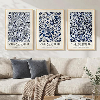 Framed Large William Morris Wall Art Set of 3, Vintage Blue Botanical Floral Canvas Wall Decor Painting, Farmhouse Aesthetic Artwork Prints for Living Room, Bedroom, Hallway, Office, Total Size 30x60