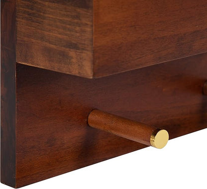 Kate and Laurel Hinter Mid-Century Framed Wall Mirror with Pocket Shelf, 24 x 24, Walnut Brown, Organizing Mail Holder and Wall Hooks