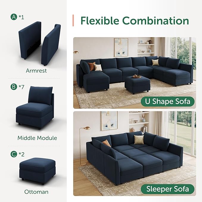 HONBAY Modular Sectional Sleeper Sofa with Storage Modular Convertible Sectional Couch Bed Modular Sectional Couches for Living Room,Dark Blue