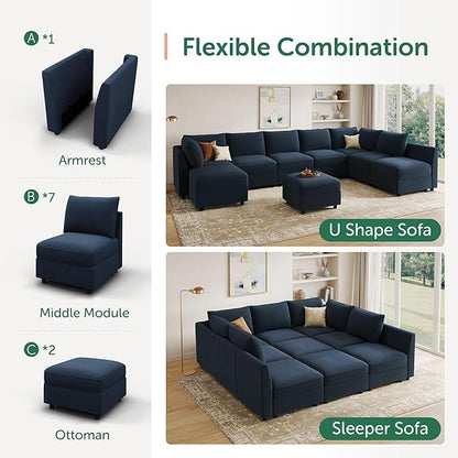 HONBAY Modular Sectional Sleeper Sofa with Storage Modular Convertible Sectional Couch Bed Modular Sectional Couches for Living Room,Dark Blue