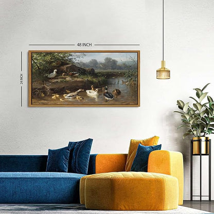 Countryside Landscape Wall Art Framed Duck Wall Decor Vintage Picture Classical Country Field Canvas Painting Prints Poster Farmhouse Animals Scenic Artwork for Living Room Home Decorations 24x48