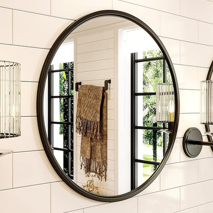 Growsun 20'' Black Round Mirror, Circle Wall Mirror for Bathroom Vanity, Entryway Living Room with Metal Frame for Home Decor