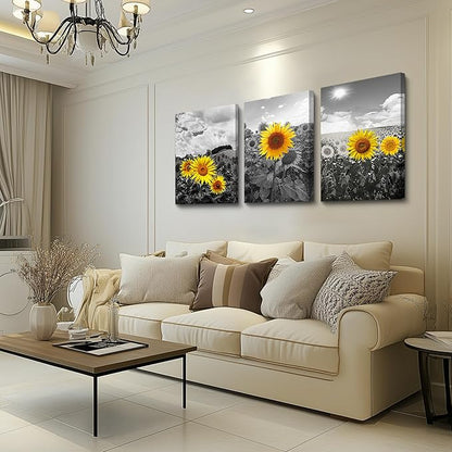 Large Size Canvas Wall Art For Living Room Family Bedroom Wall Painting Decoration,Bathroom Wall Decor Kitchen Home Decoration Black And White Sunflower Flowerswall Pictures Artwork,20x28 3 Piece