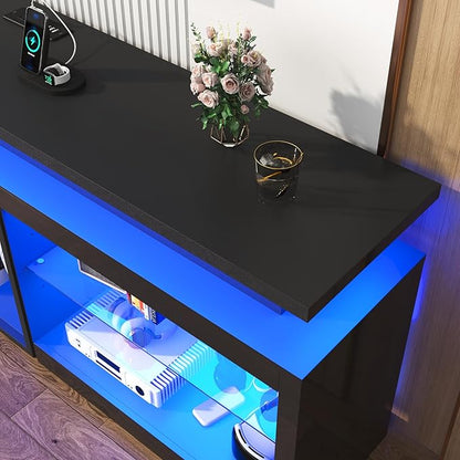 71" LED TV Stand with Power Outlet,60-Colors LED Lights For 65 70 80 in TV,High Gloss Gaming Entertainment Center w/Adjustable Shelves,Black TV Console with Modern Design for Living Room Bedroom