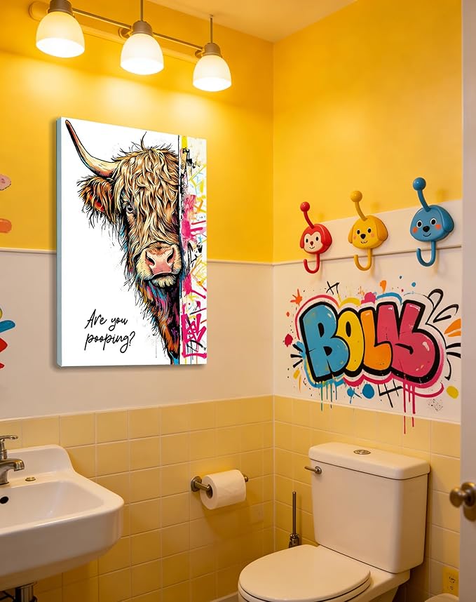 Funny Highland Cow Bathroom Wall Art, Are You Pooping? Graffiti Pop Art Canvas Prints, 16x24 Inch Framed Humorous Farmhouse Bathroom Decor, Colorful Cow Picture for Toilet Washroom Powder Room