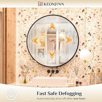 Keonjinn 28 Inch Round LED Bathroom Mirror, 3 Color Temperature Lights 3000K/4500K/6000K, Black Metal Framed Front Lighted Round Vanity Mirror Dimmable, Circle Makeup Mirror Anti-Fog UL Listed CRI≥90