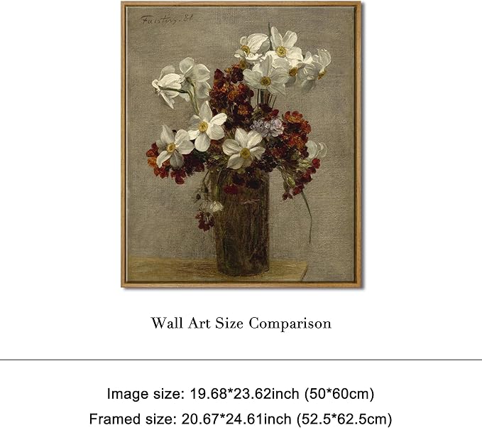 Pyradecor Vintage Wall Art Retro Large Framed Living Room Decor Narcisses Flowers in Vase Canvas Prints Classical Floral Painting for Kitchen Farmhouse Office Decorations AH1111-5060NW