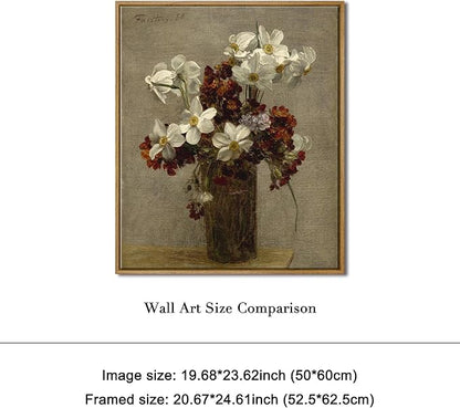 Pyradecor Vintage Wall Art Retro Large Framed Living Room Decor Narcisses Flowers in Vase Canvas Prints Classical Floral Painting for Kitchen Farmhouse Office Decorations AH1111-5060NW