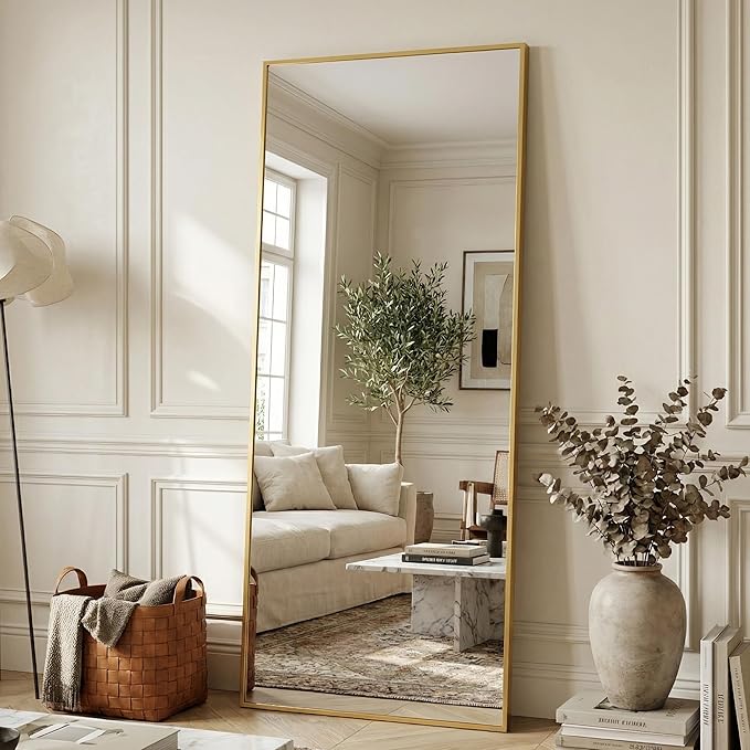 Antok 71''x32'' Full Length Mirror, Shatterproof HD Oversized Floor Mirror with Stand, Aluminum Alloy Frame Leaning Standing or Wall Mounted Mirror for Bedroom Living Room Entryway, Gold